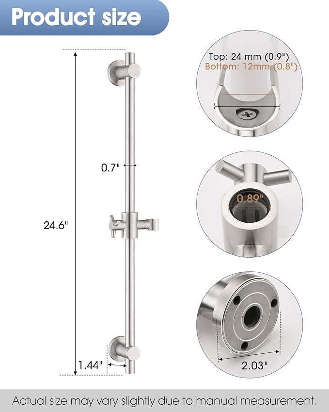 Shower Slide Bar with Adjustable Handheld Shower Head Holder, 25 Inch SUS304 Stainless Steel Shower Rail, Replacement for RV, Camper, Hotel & Bathroom, Polished Brushed Nickel