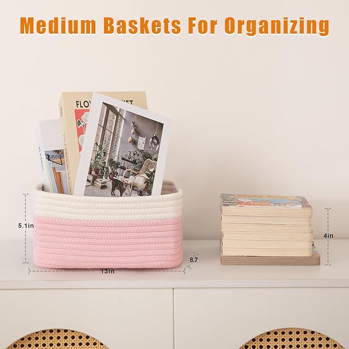 OIAHOMY 4 Pack Storage Baskets for Organizing, Small Bins for Shelves, Cute Decorative Storage Bins, Organizer Baskets for Gifts Empty,13''Lx8.7''Wx5.1''H, Pink/White