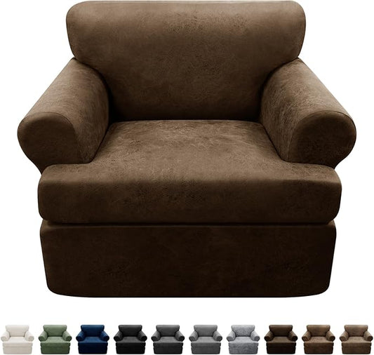 2-Pieces T Cushion Armchair Slipcovers Leather Look Couch Cover Chair Covers Stretch Furniture Protector Sofa Cover with 1 Individual T Cushion Seat Cover Slipcover Sets Washable, Dark Brown