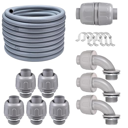 25FT NPT 3/4 Inch Liquid Tight Connector Non-Metallic PVC Electrical Flexible Conduit Fittings, UL Listed - with 5 Straight, 3 Curved and 1 Double-Port Connector