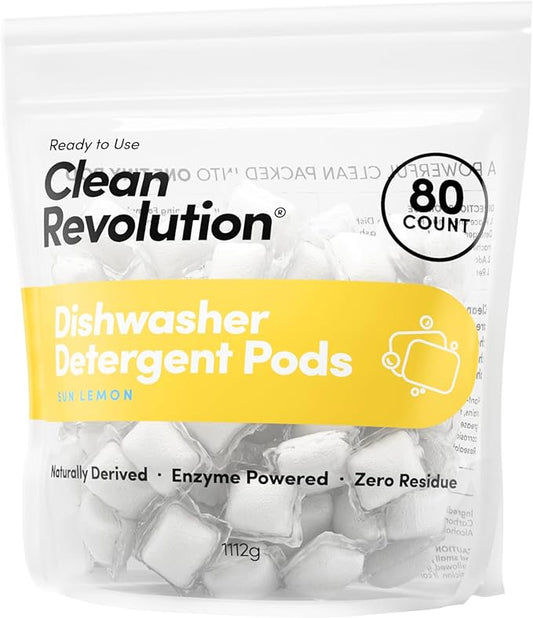 Clean Revolution Natural Dishwasher Detergent Pods, 80 Pods, Enzyme Powered, No Chemical Additives, No Residue, Made in the USA