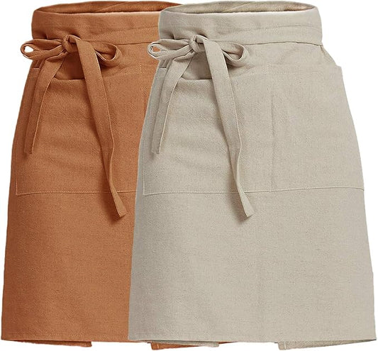 Cityelf Linen Server Apron Cotton Bistro Half Apron with Large Pockets Waist Kitchen Apron for Cooking Waitress
