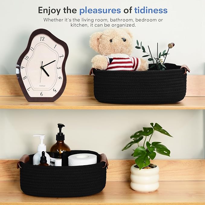 5 Piece Storage Baskets Small Woven Basket with Detachable Leather Handle, Cotton Rope Shelf Baskets for Closet Organizers, Different Sizes Basket Decor, Black