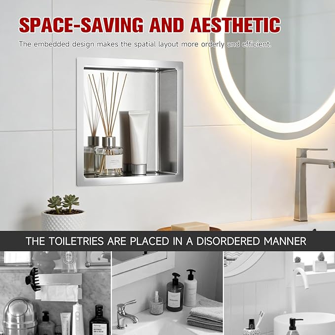 No Tile Needed Shower Niche 13"X 13", Bathroom Wall Niche Single Shelf, Stainless Steel Shower Niche for Bathroom, Kitchens, Balconies