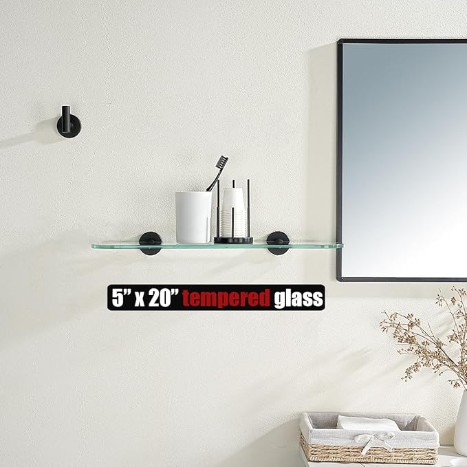 JQK Bathroom Glass Shelf Black, Tempered Glass Shower Storage 20 by 5 inches, 304 Stainless Steel Matte Black Wall Mount, TGS121L20-PB