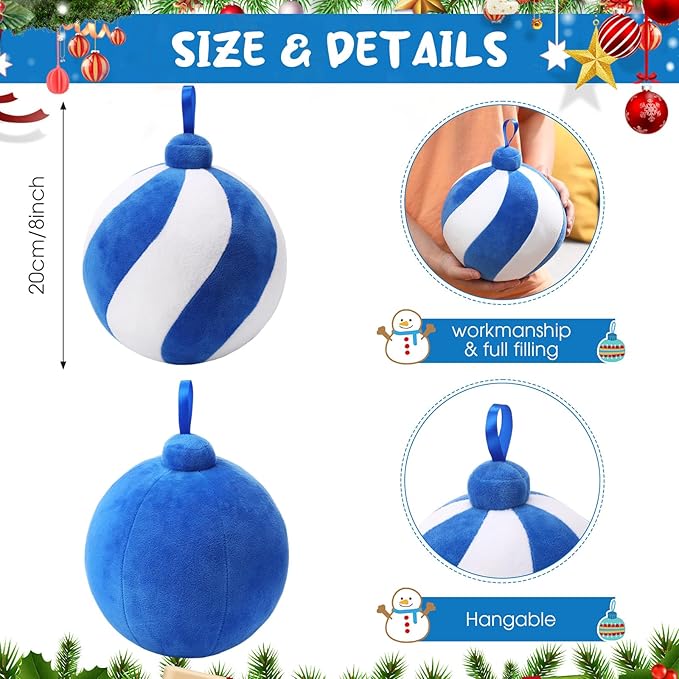 2 Pcs Christmas Pillows 7 Inch Round Christmas Ornament Shaped Throw Pillow Cute 3D Ball Xmas Throw Cushion Decoration for Bed Couch Sofa Chair Living Room(Blue and White)