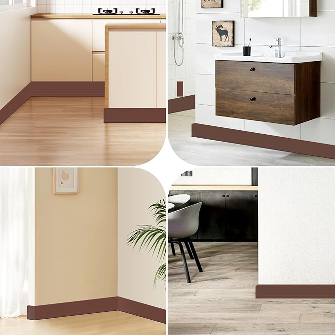 Flexible Baseboard Molding Trim 3 Inch(W) x 40 Feet(L) Self Adhesive Vinyl Wall Base Peel and Stick Cove Base,Rubber Wall Base. (Brown)