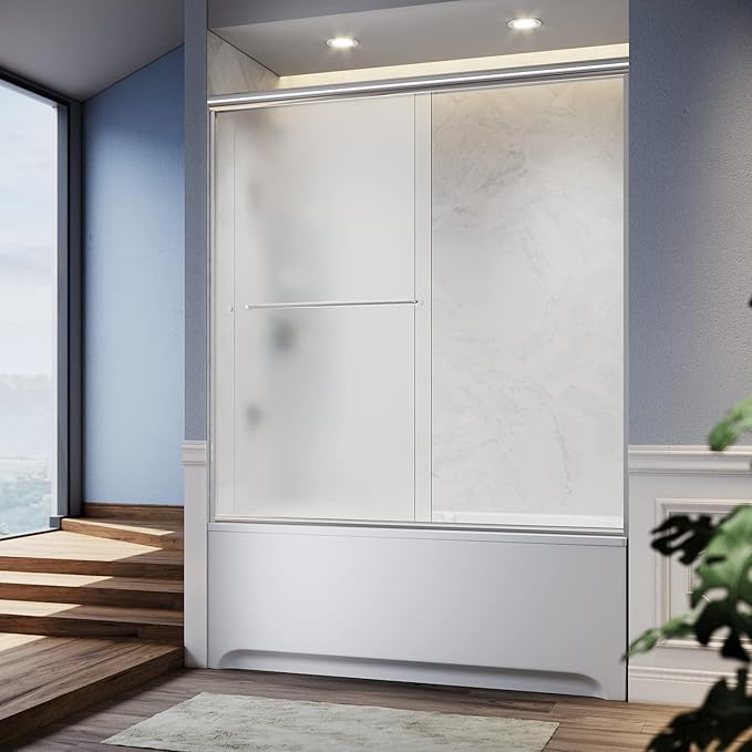 SUNNY SHOWER 60" W x 57.4" H Bathtub Shower Door 1/4" Frosted Glass Double Sliding Doors Tub Doors Chrome Finish