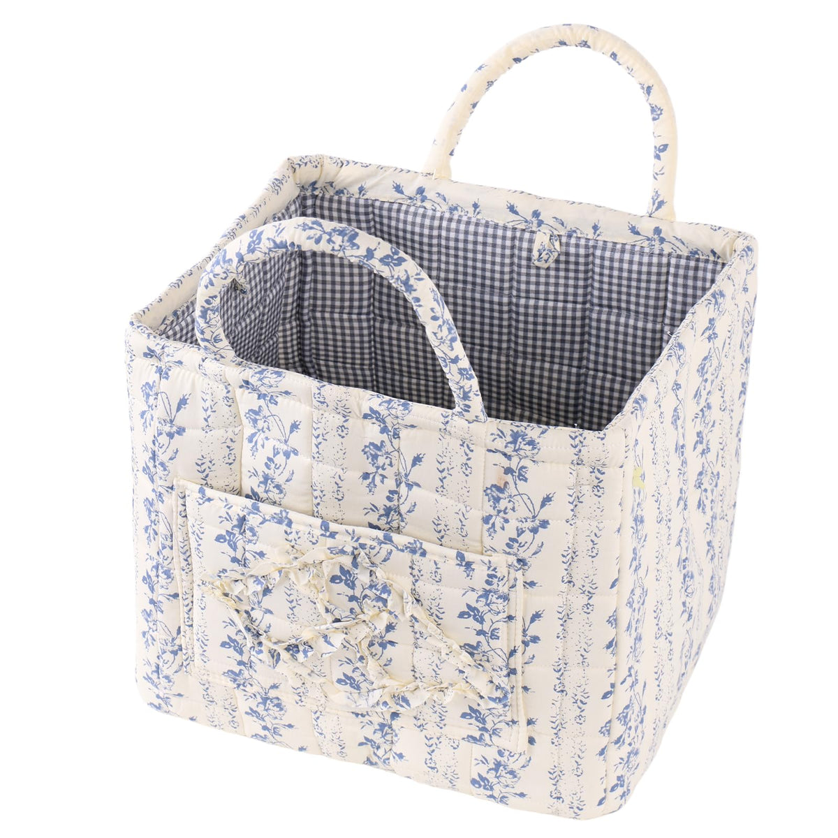 Quilted Fabric Car Storage Basket with Handles & Pocket - Image 1
