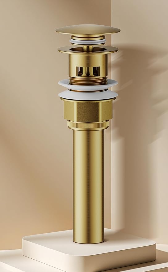 Bathroom Sink Drain with Strainer Basket and Pop-Up Drain Stopper Set (Gold, with Overflow)