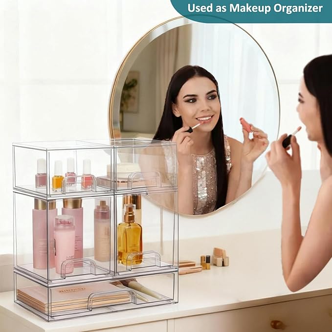 Baby Bottle Organizer for Countertop with Dust Protection, 5Pack Stackable Baby Organizers and Storage for Bottles, Clear Acrylic Container with Drawer for Kitchen, Cabinet, Vanity, Bathroom, Pantry