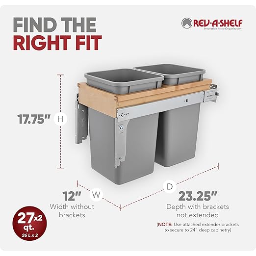 Rev-A-Shelf Top Mount Double Pullout Under Cabinet 27 Quart Kitchen Trash Cans w/ Soft Close, 150 Pound Rated Full-Extension Slides, 4WCTM-15BBSCDM2