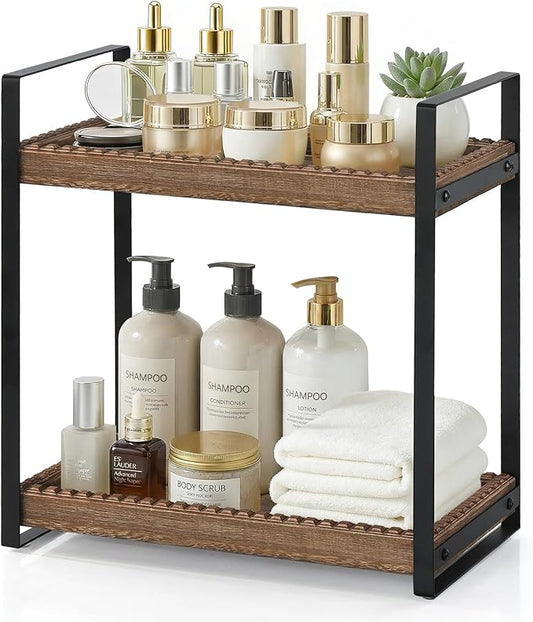 2 Tier Bathroom Organizers and Storage, Farmhouse Countertop Organizer for Bathroom Storage, Makeup Organizer for Decor, Wood Shelf for Skincare Kitchen Coffee Bar, Vanity Accessories (Dark Brown)