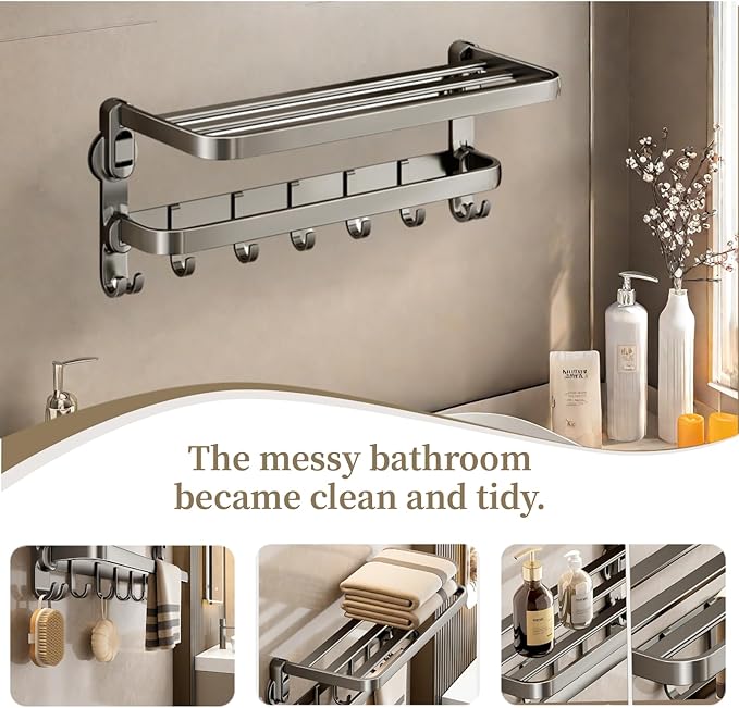 Aluminum Alloy Suction Cup Towel Rack, Bathroom Storage Shelf, No-Drill Mounting (Small)