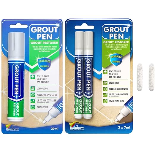 Grout Pen Tile Paint Marker: Winter Grey 2 Pack with Extra Tips (Narrow, 5mm) & Large Winter Grey (Wide, 15mm Tip) - Waterproof Grout Colorant and Sealer Pen to Renew, Repair, and Refresh Tile Grout
