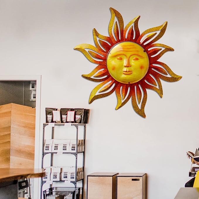 Large Size 32Inch Metal Sun Outdoor Wall Art Decor Large, Hanging for Indoor Outdoor Patio Garden Fence Yard Pool Wall Sculpture Decoration for Living Room