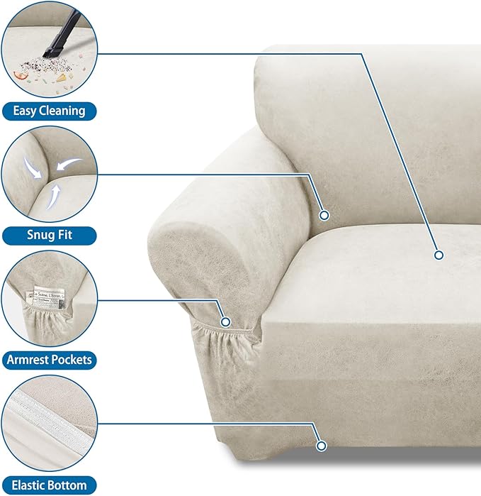 Loveseat Sofa Slipcover Leather Look Couch Covers for 2 Seater Couch Sofa 1-Piece Sofa Cover Stretch Furniture Protector with Elastic Bottom & Pockets(Loveseat, Beige)