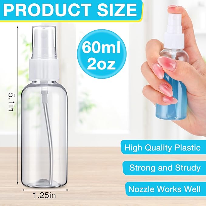 Zhehao 200 Pcs Small Spray Bottle Bulk 2 oz Plastic Mist Spray Bottles for Essential Oils Fine Mist Sprayer Reusable Refillable Portable Travel Containers for Perfume Cleaning Samples(Clear)