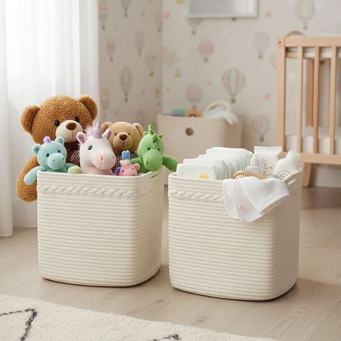danpinera 13 Inch Cube Storage Baskets, 3-Pack Woven Fabric Organizer Bins, 13"x13" Square Baskets for Cube Storage for Shelves, Baby Nursery, Closet Organizer, White