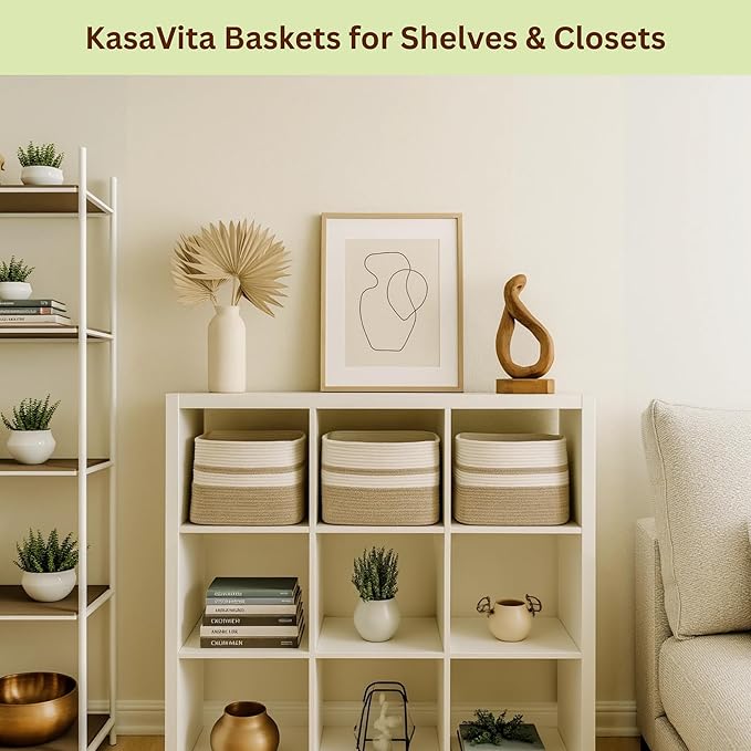 Cotton Rope Baskets for Organizing and Storage, Woven Decorative Baskets for Shelves, Books, Closets. Storage Bins for Living Room, Bedroom | Pack of 3 | Beige