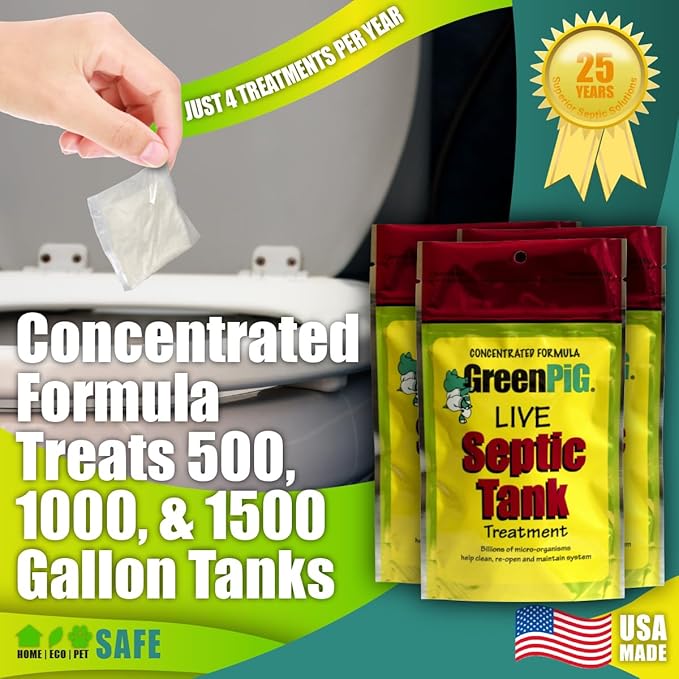 Green Pig Septic Tank Treatment Packets – Septic-Safe Enzyme Treatment for Preventative Maintenance, Helps Prevent Clogs & Odors, 3-Year Supply (12 Packets)