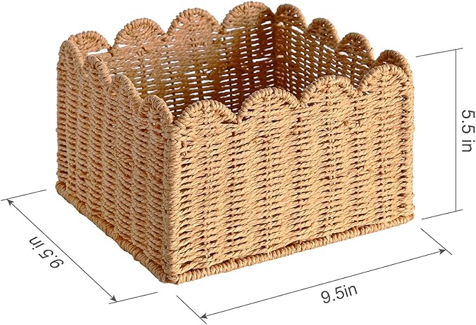 Scalloped Basket, Wicker Storage Baskets, Hand Woven Baskets for Shelves,Natural Baskets for Organizing (S-9.5" L x 9.5" W x 5.5" H)