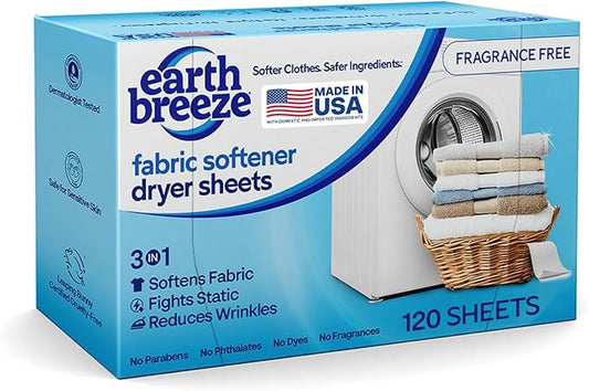 Earth Breeze Fabric Softener Dryer Sheets – Fragrance Free, Hypoallergenic, No Harsh Chemicals, Safe for Sensitive Skin – Static Cling & Wrinkle Reducer – Gentle Fabric Care – Made in USA (1 Pack)