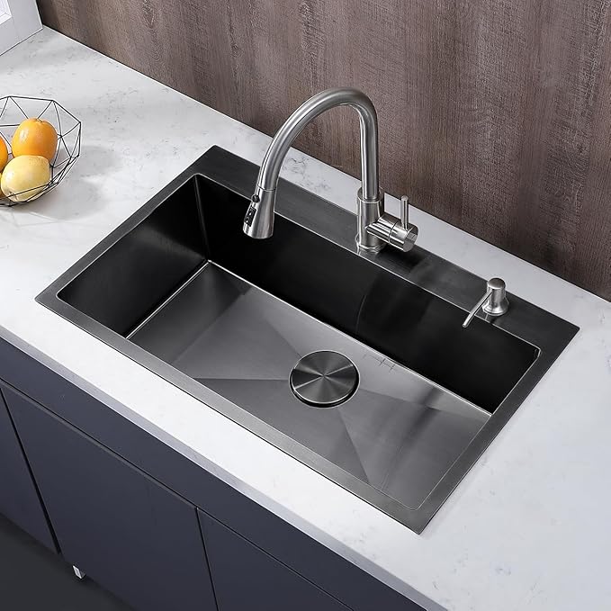 30 inch Drop in Black Kitchen Sink, Single Bowl Stainless Steel Handmade Topmount Kitchen Sinks with Dish Grid and Drain