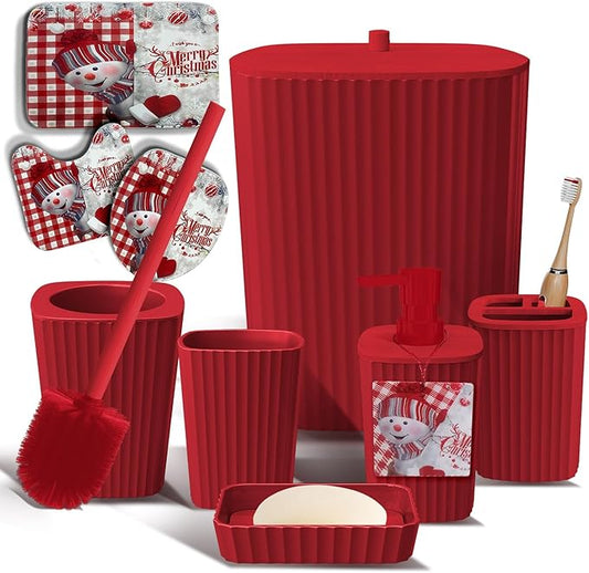 Clara Clark Bathroom Set - Christmas Bathroom Decor, Xmas Bathroom Accessories Set, 9PC Bathroom Accessory Set, Christmas Bathroom Sets with Bathroom Rugs, Toilet Brush, Trash Can & Soap Dispenser