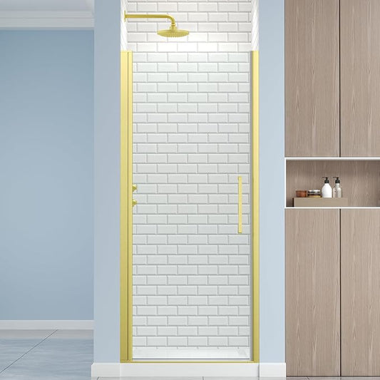 Frameless Pivot Shower Door 30.8-32" W X 72" H, 1/4" (6mm) Clear SGCC Tempered Glass, Hinged Pivot Swing Shower Door, Reversible Installation, Easy to Clean, Brushed Gold