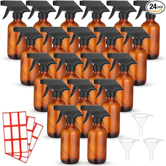 Norme 24 Pcs Glass Spray Bottles with Funnels and Labels 8 oz Refillable Cosmetic Empty Spray Containers with Trigger Squirt Containers for Essential Oil Cleaning Solutions(Brown)