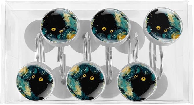 12 Packs Abstract Starry Sky Cat Pattern Shower Curtain Hooks, Stainless Steel Glass Shower Curtain Rings for Bathroom Decor, Metal Rustproof Curtain Rod Hooks