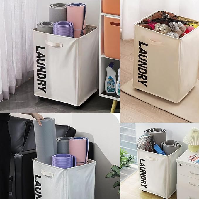 85L Laundry Baskets with Wheels, Large Collapsible Waterproof Laundry Hamper, Bottom Widening Design, Foldable Storage Square Dirty Clothes Bins for Laundry Room, Bathroom, Dorm (Dark Gray)