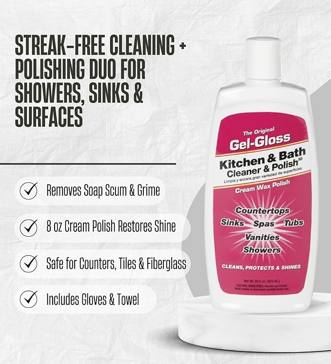 Household Cleaning Supplies by Gel-Gloss Kitchen and Bathroom Cleaner Liquid 16 fl oz. Bundle with Kitchen & Bath Cleaner & Polish 8 oz Cream + Cleaning Gloves + Microfiber Cloth – Gift Set (4 Items)