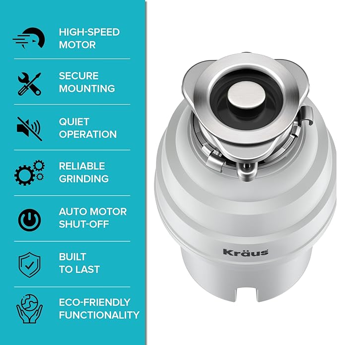 KRAUS WasteGuard 1 HP Continuous Feed Garbage Disposal with Ultra-Quiet Motor for Kitchen Sink with Power Cord and Flange Included, KWD201-100MCG