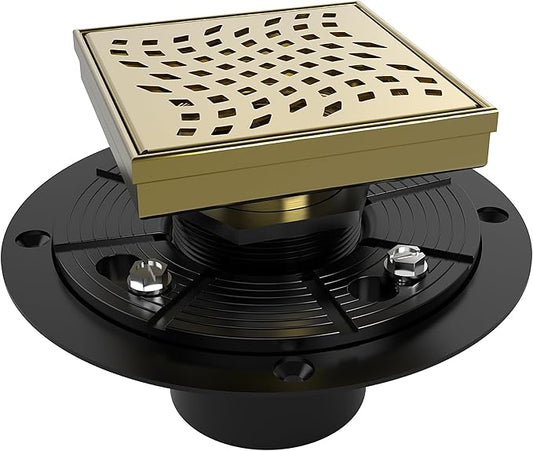 WEBANG 4 Inch Square Shower Drain Gold Floor Drain with Flange Wave-Hole Pattern Cover Grate Removable SUS304 Stainless Steel Watermark&CUPC Certified Brushed Gold