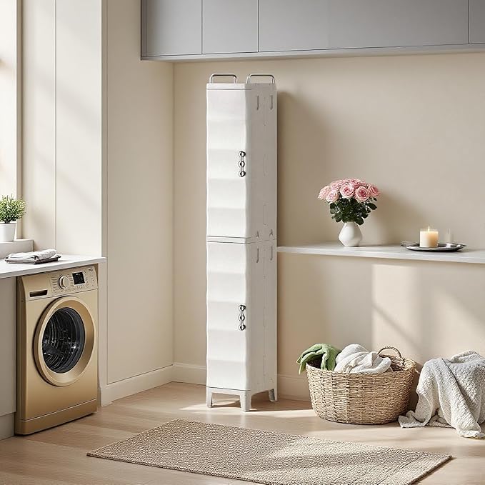 52.76" Tall Narrow Bathroom Storage Cabinet with Doors and Adjustable Shelves Plastic Slim Bathroom Storage Organizers Small Space Saver for Laundry Room Dorm Kitchen Quick Assembly, White
