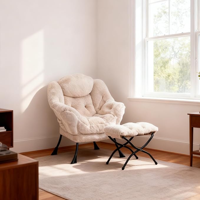 HollyHOME Lazy Chair with Foldable Ottoman, Accent Comfy Lounge Armchair and Folding Footrest Stool, Leisure Sofa Reading Chair and Footstool for Living Room, Bedroom, Dorm,Faux Fur Light Camele