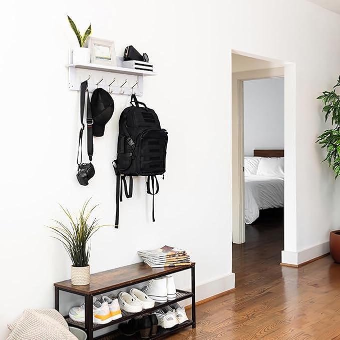 Wall Hooks with Shelf, 29.25 inch Coat Rack Wall Mount with Mail Organizer Box, Wooden Hat Rack with 5 Hooks, Coat Hanger and Key Holder for Wall, Classic White