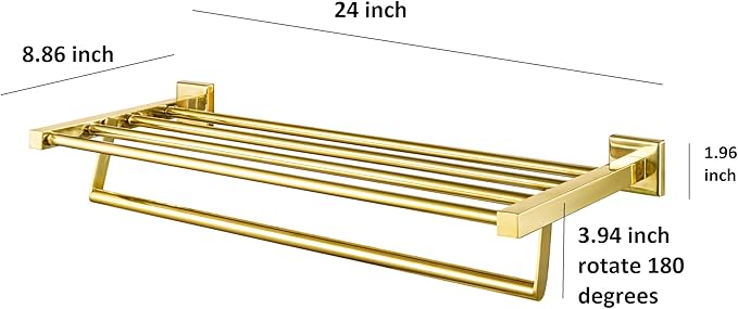 Roshan Handcrafted and Hand Polished Multi Purpose Towel Rack, SUS304 Stainless Steel Rust Proof and Peel Resistant Towel Shelf, Includes 2 Handmade Hooks (3, PVD Gold)