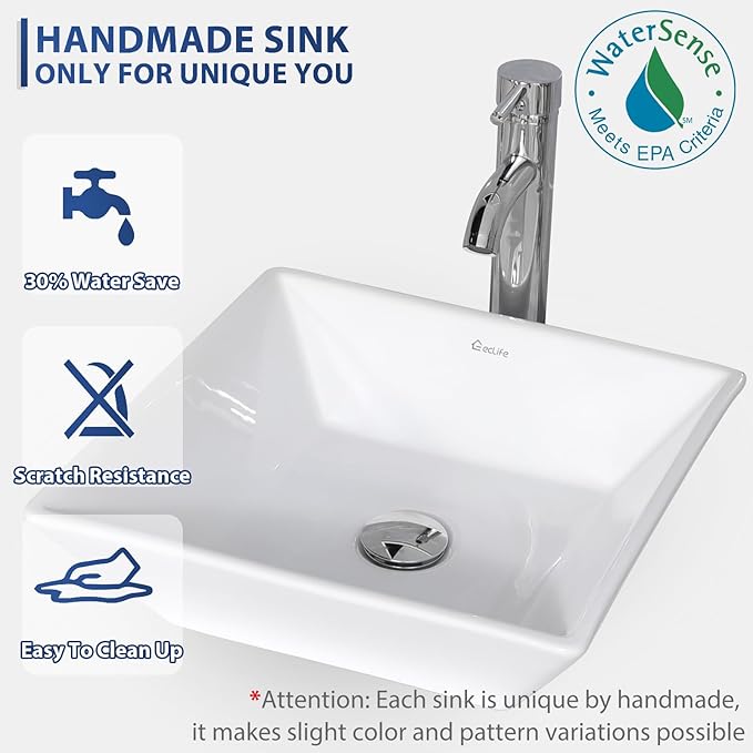 eclife 24" Modern Bathroom Vanity Sink Combo Freestanding Cabinet with Soft Closing Door, White Square Ceramic Vessel Sink, Water Save Faucet, Drain (White+A07)
