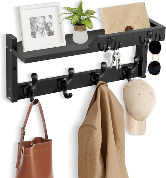 Coat Rack Wall Mount with Shelf, Coat Hanger Wall Mount with Key Hooks and Mail Holder, Wood Entryway Floating Shelf with Hooks and Storage, Hat Rack for Wall Key Holder Mail Organizer