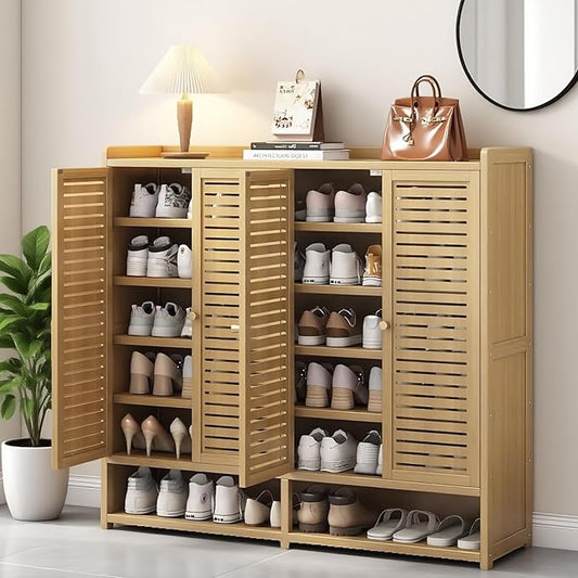 Bamboo Shoe Cabinet, 36-40 Pairs 8 Tier Shoe Rack with Doors, Freestangding Shoe Cabinet Organizer with Shelves, 43" Tall Shoe Rack Organizer for Entryway, Closet, Hallway