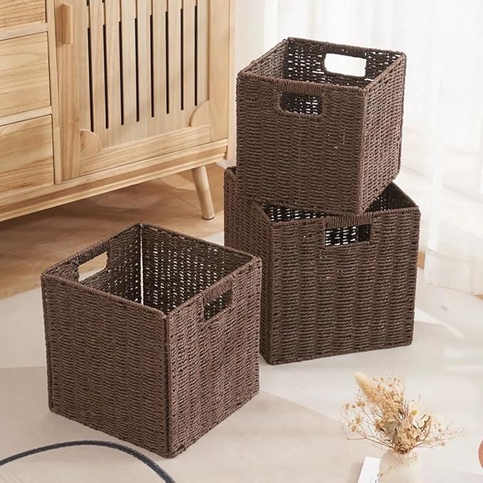 10.5x10.5'' Set of 5 Cube Storage Baskets, Natural Paper Rope Multipurpose Collapsible Organizers, Woven Laundry Totes for Laundry, Storage Cubes,Wicker Baskets Laundry Organizer Totes for Home