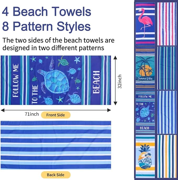 4 Pack Microfiber Beach Towel Fast Drying, Extra Large 71" x 32" Sand Free Beach Towel Super Lightweight Towels for Travel Sports Bath Swimming Pool Camping Picnic Yoga Gym
