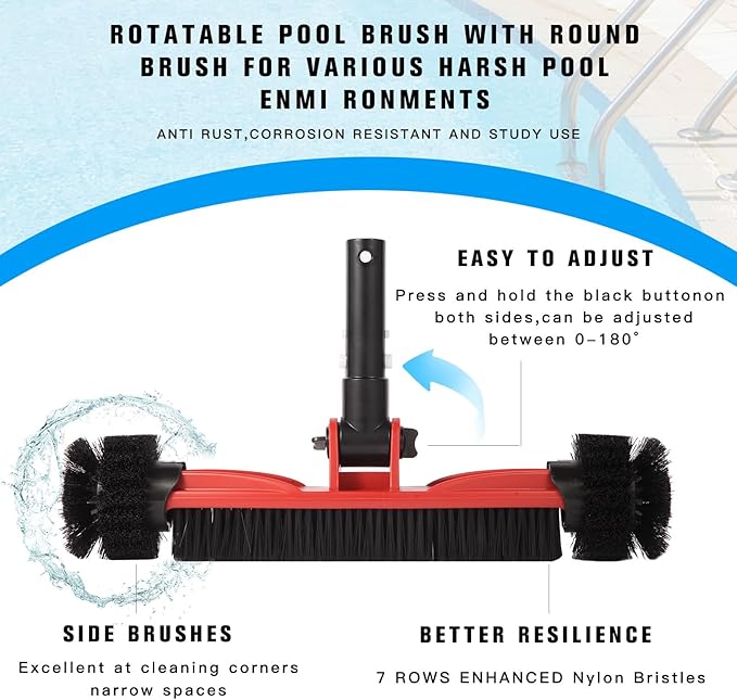 Pool Brush Head with Round Ends, Heavy Duty Pool Brushes for Cleaning Pool Walls, Floors Steps & Corners, 16" Pool Brush with Sturdy Aluminum Handle & Durable Nylon Bristles