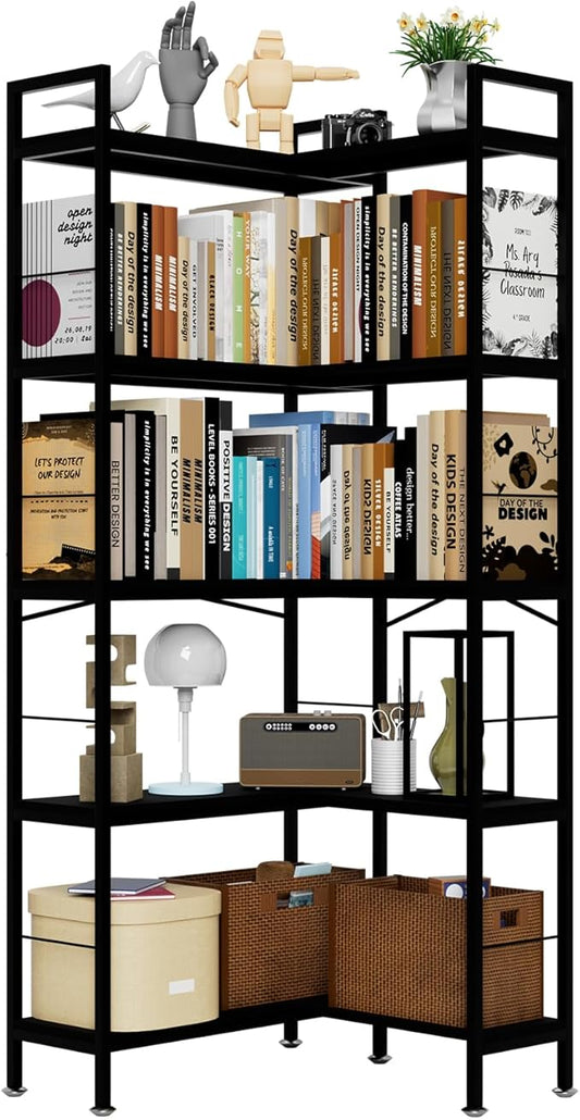 Corner Bookshelf, 69" Tall L-Shaped Bookcase for Home Office, Living Room, Bedroom - Space-Saving Storage Shelf with Metal Frame, Modern Wood & Industrial Design