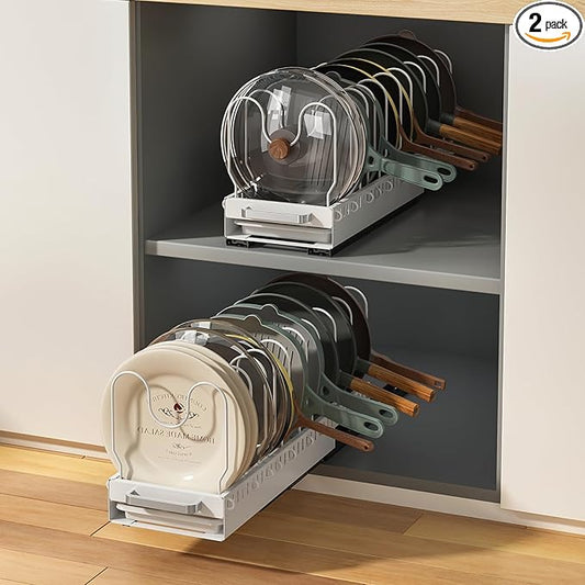 Pots and Pans Organizer Under Cabinet with Drain Board, Pull-out Expandable Pot Lid Organizer inside Cabinet Holder with 10 Adjustable Compartment, Rack for Cutting Board, White (Pack of 2)