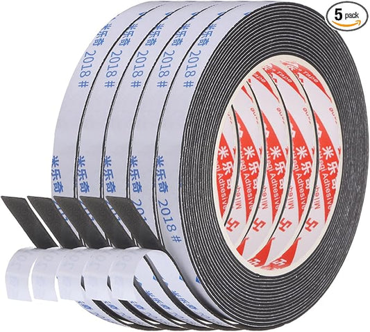 PATIKIL 5Roll Sponge Rubber Foam Tape, 3/8" W x 1/32" t x 16.4ft l Self-Adhesive Foam Insulation Tape Weather Stripping for Window Door Soundproofing Weatherstrip AC Seal Strip, Black