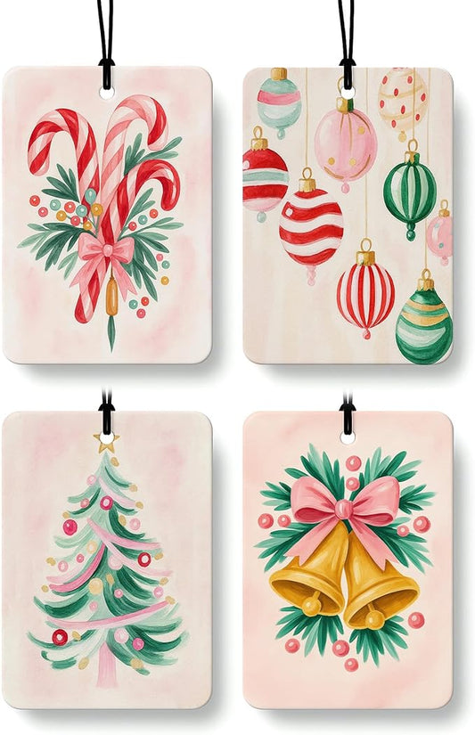 Preppy Christmas Berry Air Freshener 4 Pcs, Pastel Pink Green Candy Cane Bauble Bell Xmas Hanging Air Freshener for Cars Closet Drawer Books, Christmas Car Accessories Mirror Decor for Women